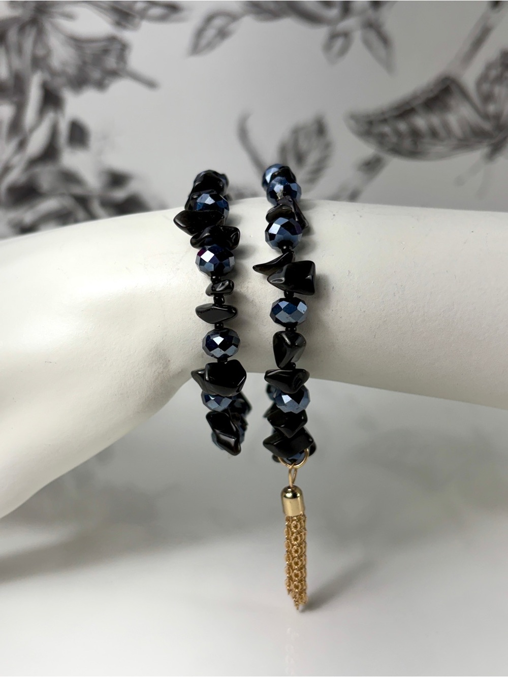 Black Tumbled Crystal Chip & Faceted Hematite Bead w/ Gold Tassel 2-pc Bracelet